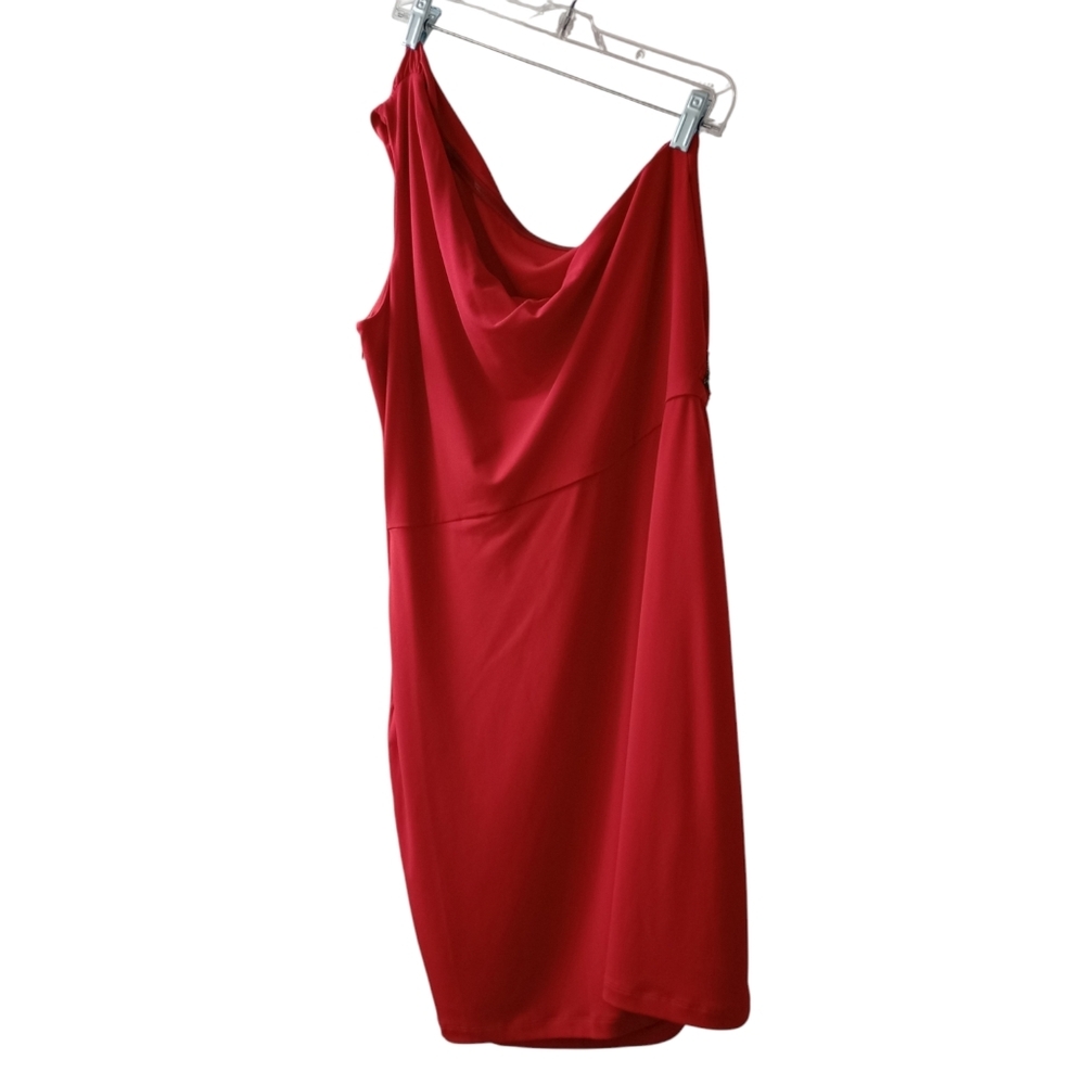 Calvin Klein Vibrant Red 1 Shoulder Dress Beaded Ruched Waist Accent Holidays 14 - Picture 8 of 10